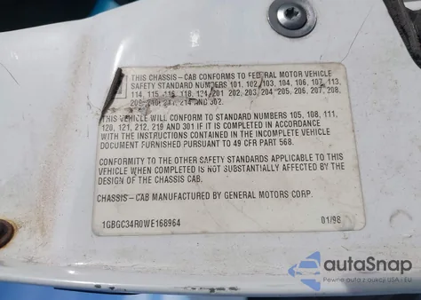 1998 Chevrolet C3500 Chassis z USA, uszkodzony, nr VIN 1GBGC34R0WE168964